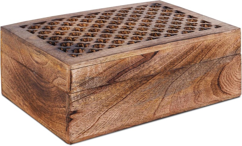 Mela Artisans Wooden Keepsake Box | Medium Burnt Mango Wood Memory & Photo Storage Box with Hinged Lid | Decorative Storage Box | Extra Large | 10.5x7.5x4 Inch - Image 2